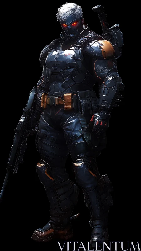 Armored futuristic soldier with glowing red visor stands poised.