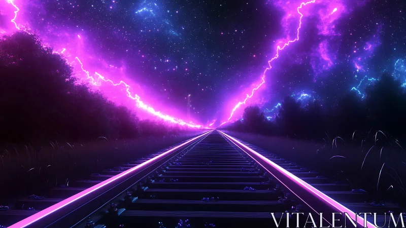 Railway tracks extend toward neon violet storm sky horizon