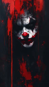 Crimson-smeared nightmare clown emerging from dripping shadow.