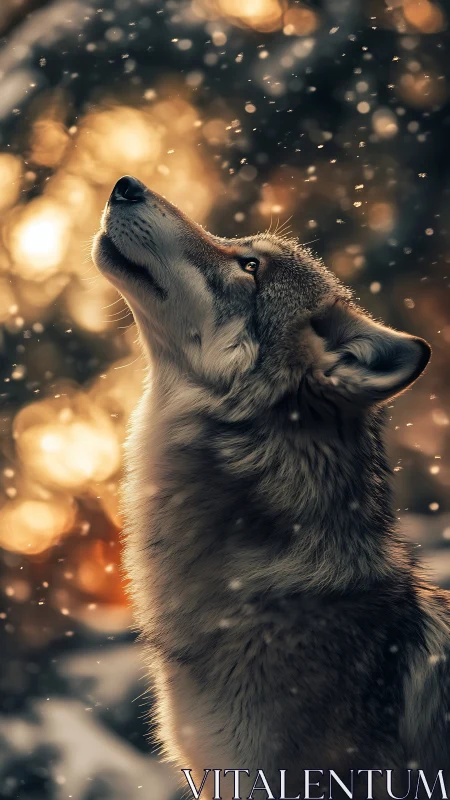 Wolf gazing upward in soft snowfall and sunset glow.