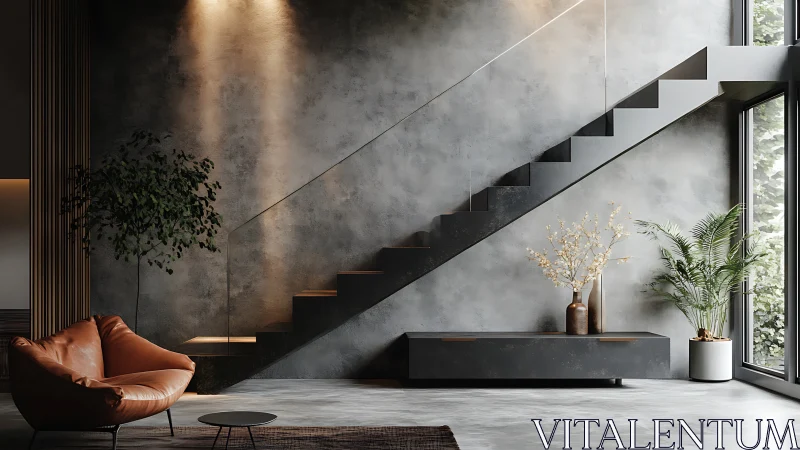 Minimalist concrete stair hall articulates light, shadow and form