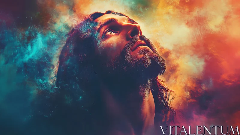 Bearded man gazing upward amid vivid colored clouds.