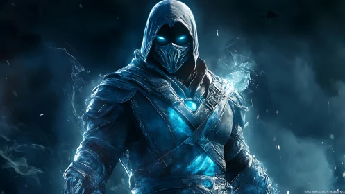 Hooded frost warrior ignites blue spectral ice in darkness.
