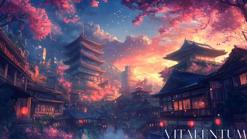 Sunset-lit neo-traditional pagoda city under cherry blossoms