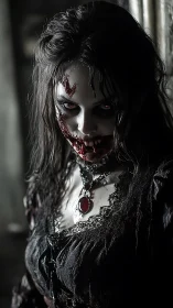 Blood-velvet vampire queen staring down the trembling dark.