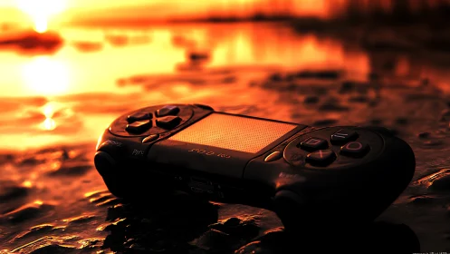 Sunlit handheld game controller in shallow reflective shoreline.