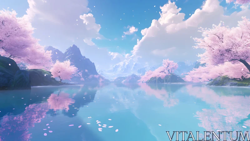 Serene cherry blossom lake under luminous spring sky.