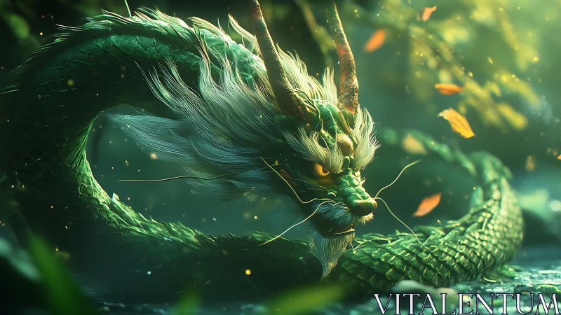 Coiled green dragon rendered in detailed digital environment