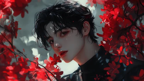 Digital painting portrait with crimson foliage framing figure.