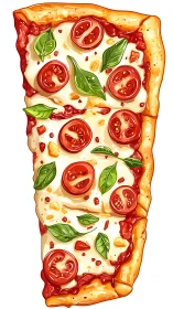 Illustrated slice of tomato basil cheese pizza artwork.