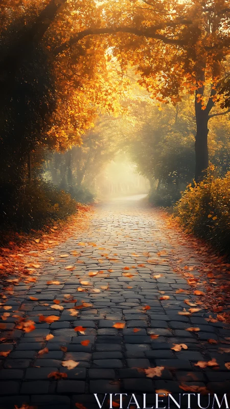 Cobblestone path drifts into a glowing autumn dream