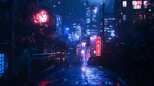 Cyberpunk alley under neon rain in futuristic cityscape.