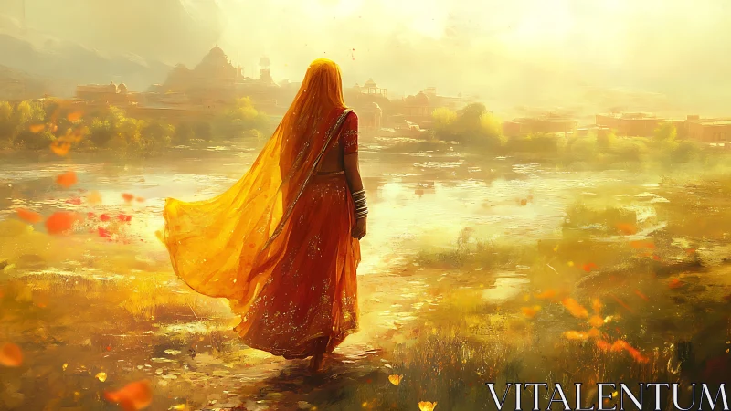 Sunlit sari traveler wandering toward a distant golden city.