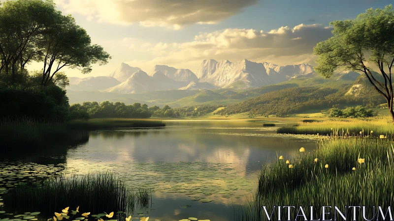 Golden light bathes a tranquil mountain lake and lush valley
