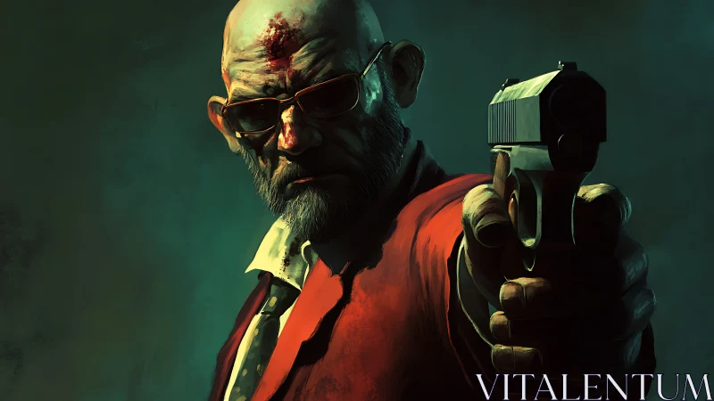 Hard-boiled stranger in crimson coat aims into the dark.