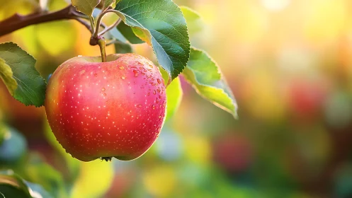 Sunlit red apple on branch with soft bokeh orchard glow.