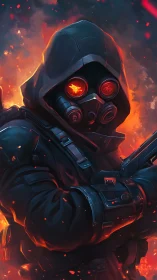 Hooded gas mask soldier stands armed in burning embers.