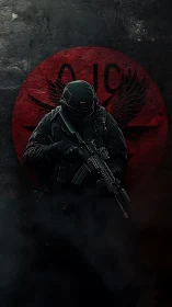 Special ops soldier before crimson emblem in shadowed haze.