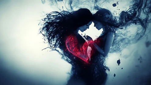 Ethereal Double Portrait with Luminous Heart Form