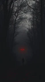 Lone figure confronts red-eyed presence in haunted forest.
