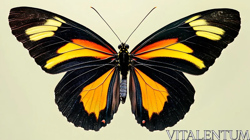 Black butterfly with vivid yellow and orange wing patterns.