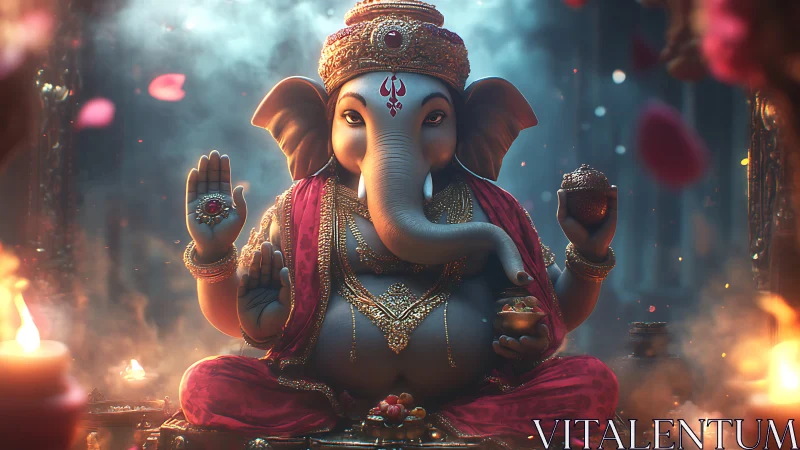 Gentle Ganesha bestows calm blessings in glowing embers