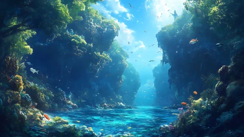 Luminous tropical lagoon canyon with dense foliage and fish