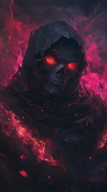 Dark hooded flaming skull with glowing red eyes in void.