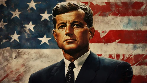 Resolute leader painted before a weathered US flag backdrop.