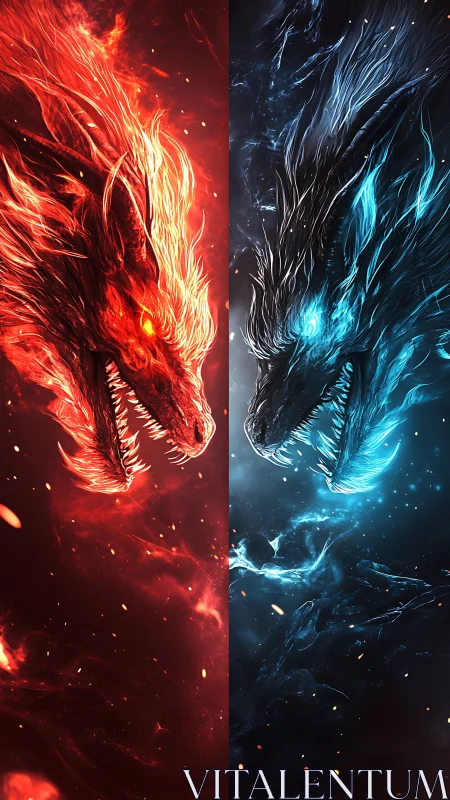 Fire and ice dragon duel in split elemental composition.