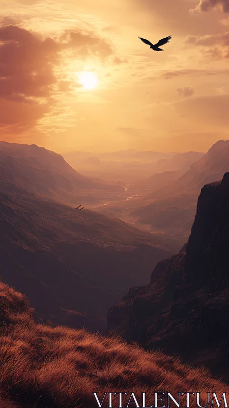 Skyborne raptor glides above ember-lit canyon valleys