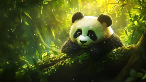 Cartoon panda cub rests on mossy log in dense bamboo forest