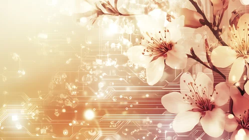 White Blossoms with Digital Circuitry Merge.