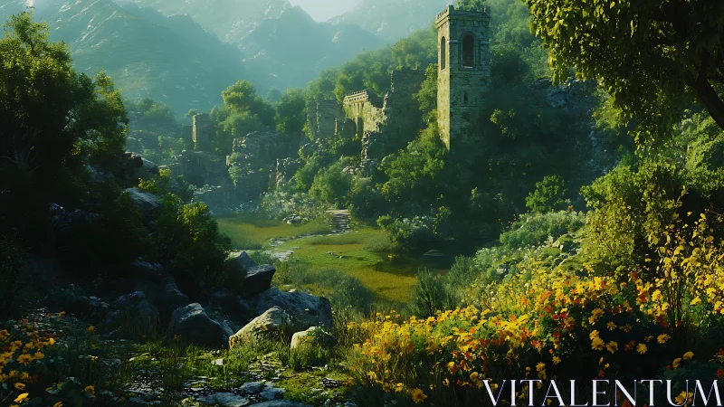 Ruined stone tower within dense green valley landscape.
