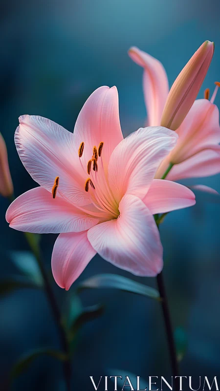 Pink Lily Bloom Against Teal Background.