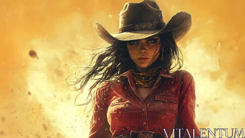 Female gunslinger in dusty western desert landscape.