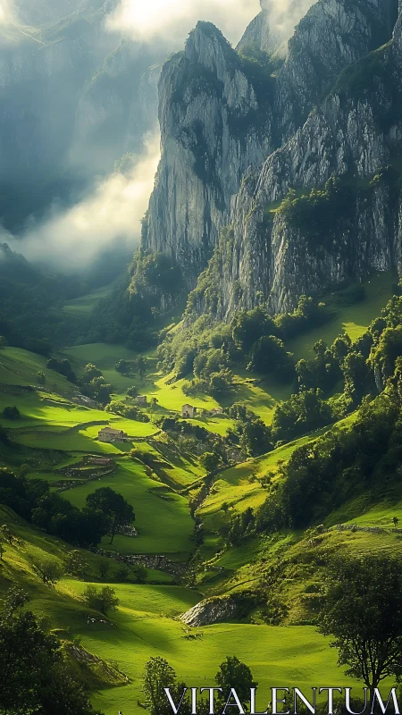 Sunlit alpine valley beneath sheer misty limestone cliffs.