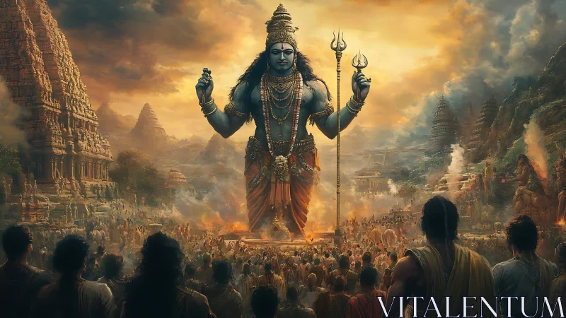 Divine blue deity towering over ancient temple cityscape.