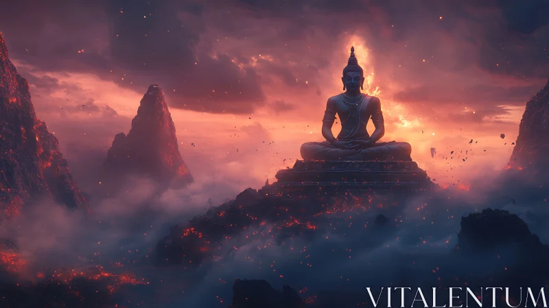 Monumental Buddha statue illuminated by volcanic twilight haze