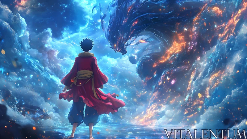 Backlit anime hero facing cosmic dragon in luminous nebula