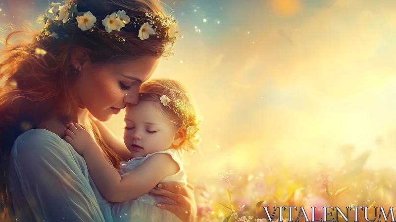 Mother and Child in Golden Sunlight with Floral Crowns.