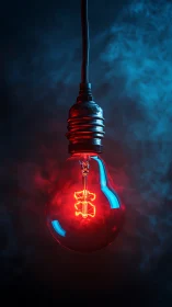 Red filament bulb with blue rim light in atmospheric smoke