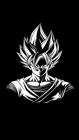 High-contrast monochrome anime warrior bust on black field