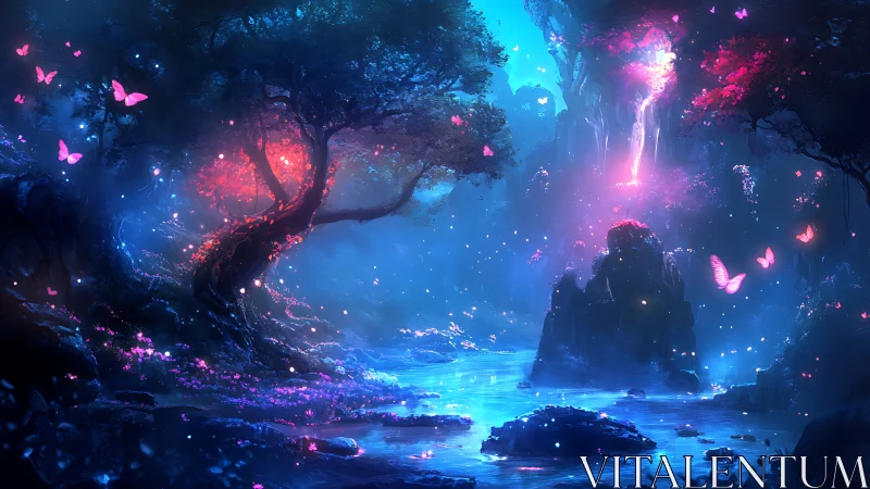 Enchanted river glows beneath luminous butterflies at dusk.