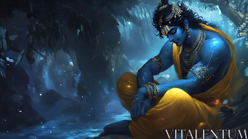 Moonlit blue deity curls into golden quiet beneath trees