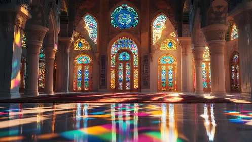 Iridescent stained glass mosque interior under refracted dawn light.