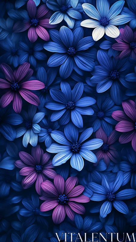 Blue and Magenta Daisy Flowers Dense Pattern.