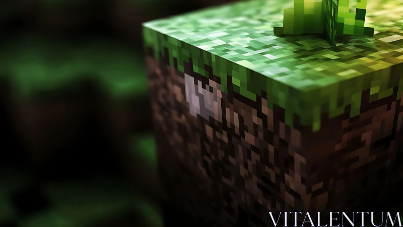Pixelated grass block glows softly in stylized game world