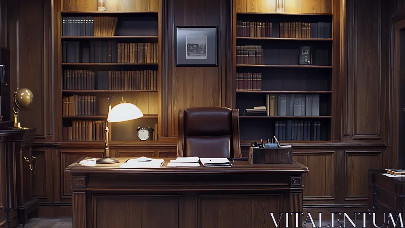 Mahogany law library office glows with quiet authority.