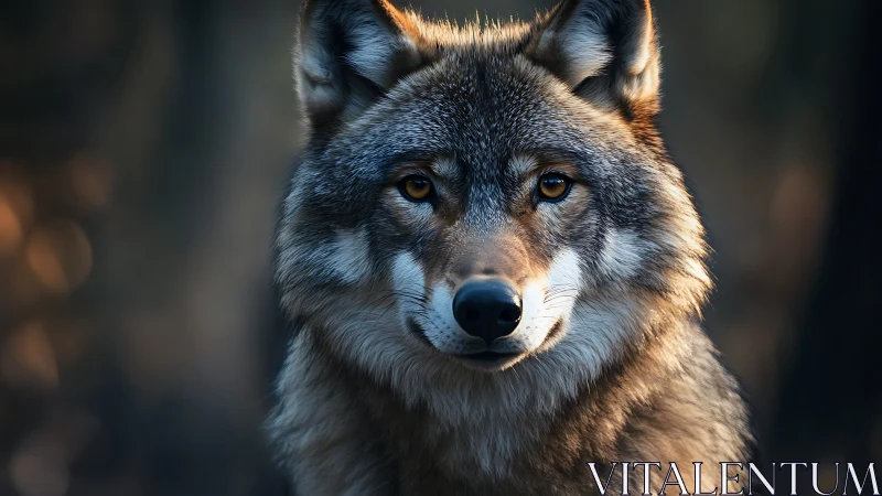Intense gray wolf portrait in shallow forest dusk light.